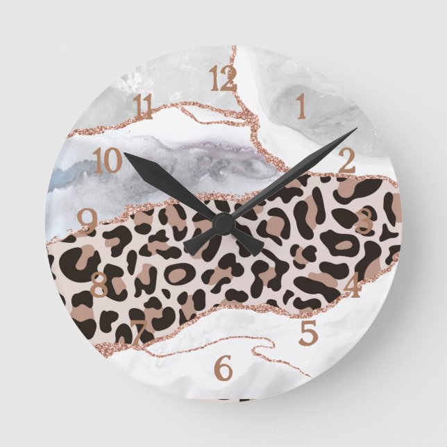Horloge Ronde Rose Gold Blanc Luxe Pailleté Imprimé Léopard Agat (Recto)