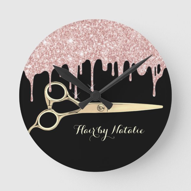 Horloge Ronde Rose Gold Glitter Drips Gold Scissor Hair Salon (Recto)
