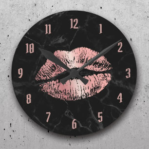 Horloge Ronde Rose Gold Lipstick Baiser Marbre Noir moderne