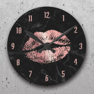 Horloge Ronde Rose Gold Lipstick Baiser Marbre Noir moderne