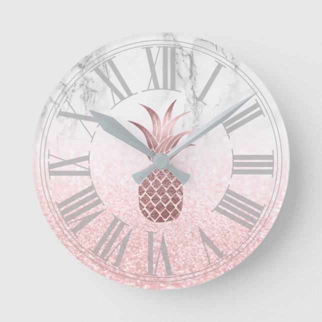 Horloge Ronde Rose Gold Pineapple+Neige Bokeh+Marbre (Recto)