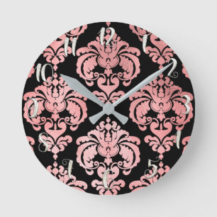 Horloge Ronde Rose Gold Rose et Noir Damask Moderne Personnalisé