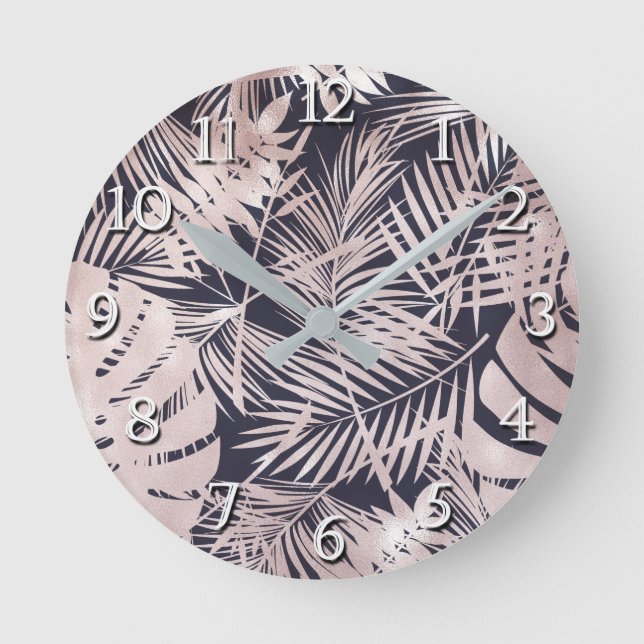 Horloge Ronde Rose Gold Rose Foncé Feuilles de Palmier Tropical (Recto)
