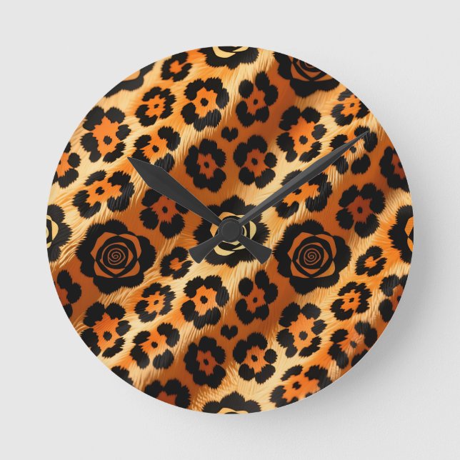 Horloge Ronde Rose Imprimé Animalier Léopard Doré (Recto)