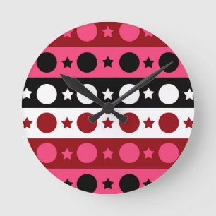 Horloge Ronde Rose noir blanc Cercle Étoiles rayures Design