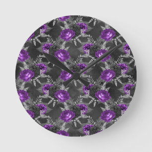 Horloge Ronde Rose noire violette Élégant Feuilles d'argent Jard