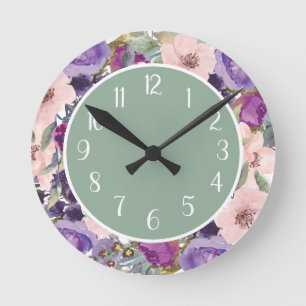 Horloge Ronde Rose Pâle Violet Aquarelle Floral Vert Sauge