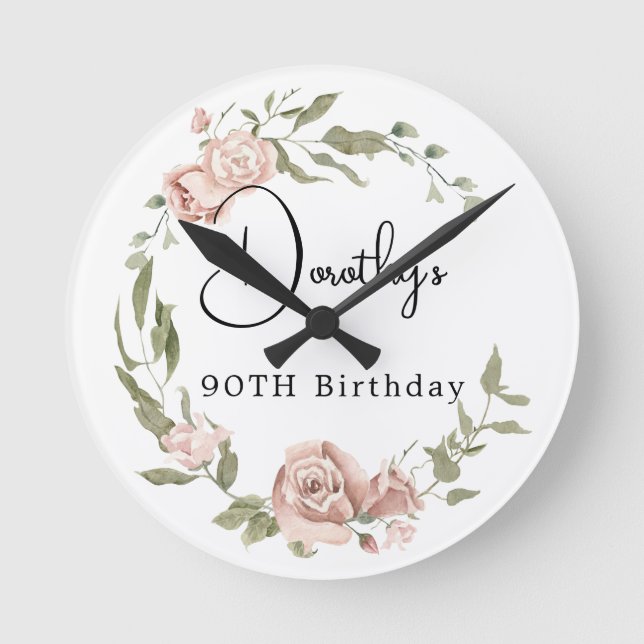 Horloge Ronde Rose rose Dusty Floral 90e anniversaire (Recto)