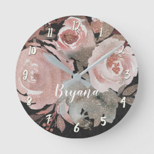 Horloge Ronde Rose rose pailletée Fleurs sombres Glam élégant