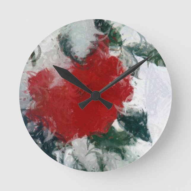 Horloge Ronde Rose rouge en neige (Recto)