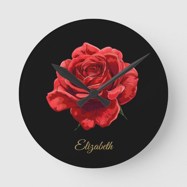 Horloge Ronde Rose rouge romantique élégant avec Cadeau de scrip (Recto)