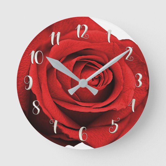 Horloge Ronde Rose Rouge Rustique Moderne Élégant Glamour Blanc  (Recto)