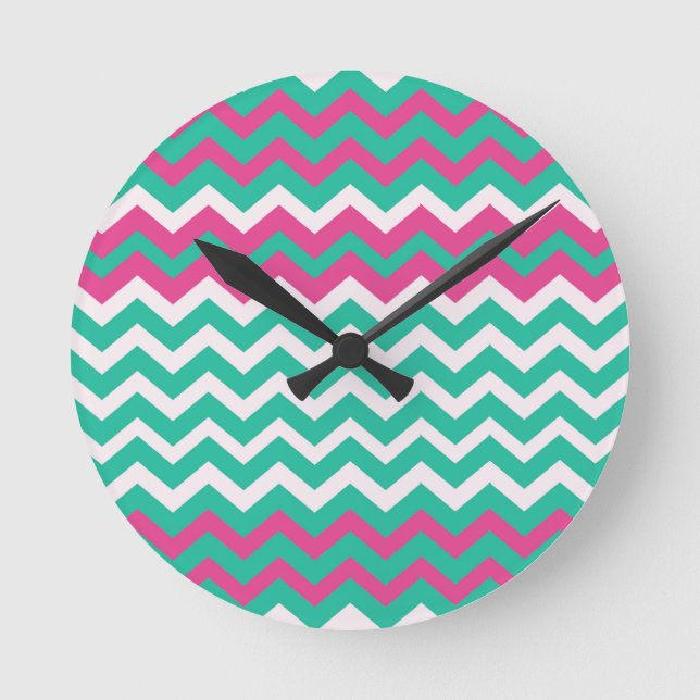 Horloge Ronde Rose, Teal et zigzags blancs (Recto)