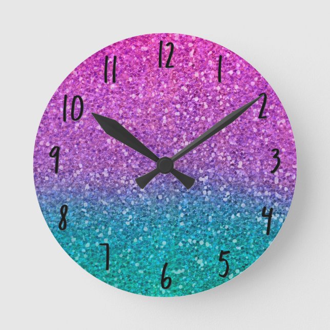 Horloge Ronde Rose Turquoise Aqua Bleu Et Violet Pailleté scinti (Recto)