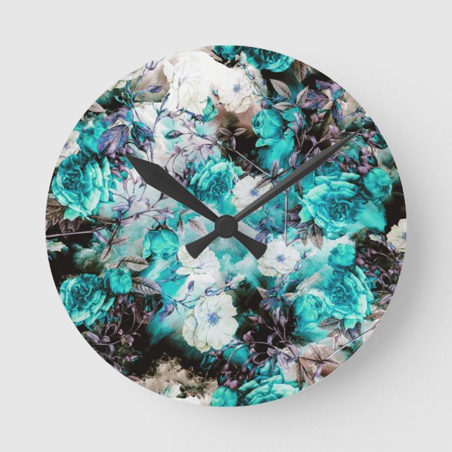 Horloge Ronde Rose victorien Floral turquoise turquoise blanc no (Recto)