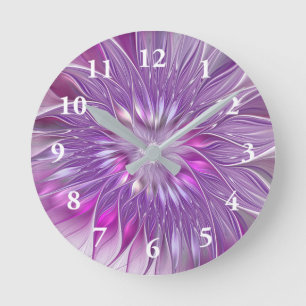 Horloge Ronde Rose violet passion Fleur Art Abstrait Fractal