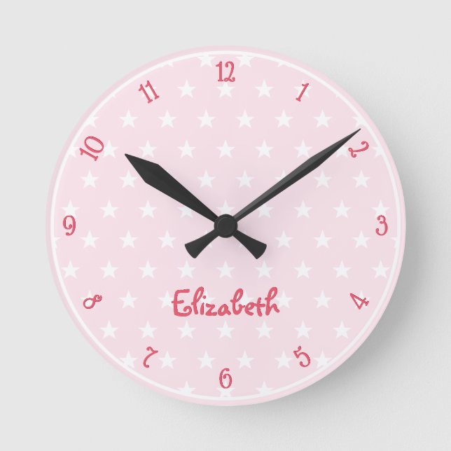 Horloge Ronde Rose White Stars Nom personnalisé Filles Salle Nur (Recto)