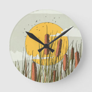 Horloge Ronde Roseaux dans le coucher du soleil