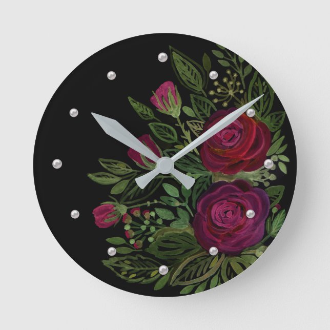 Horloge Ronde Roses aquarelle, sur un arrière - plan noir, aquar (Recto)