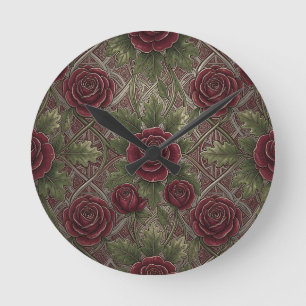 Horloge Ronde Roses bordeaux rouge profond Treillis orné vert 