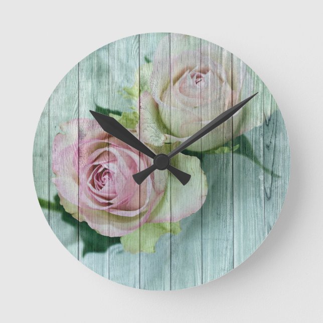 Horloge Ronde Roses Chic Rose Shabby Sur Bois Bleu (Recto)