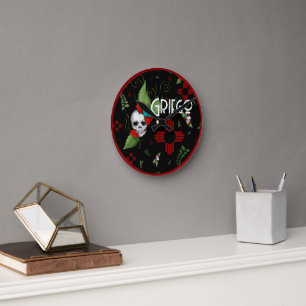 Horloge Ronde Roses crâne Zia Sun Green Black Nouveau-Mexique