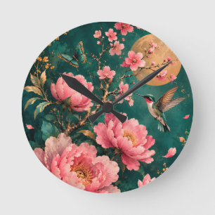 HORLOGE RONDE ROSES DE JARDIN ÉMERAUDE DORÉ COLIBRI