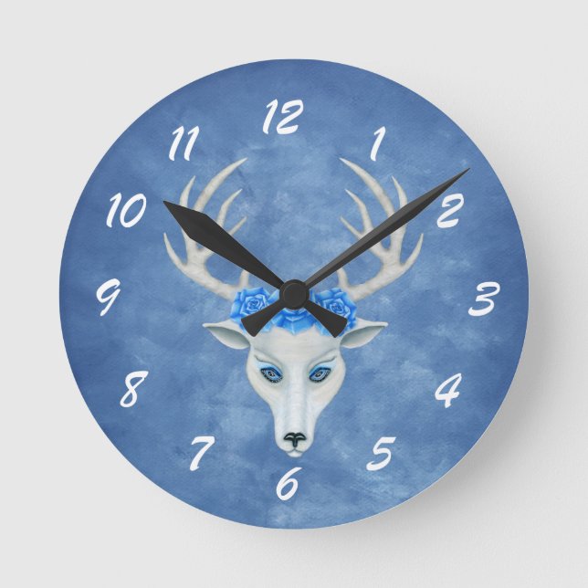 Horloge Ronde Roses mystiques Bleu tête de cerf blanc sur la têt (Recto)