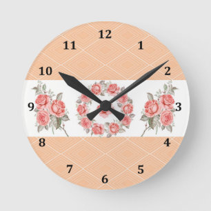 Horloge Ronde Roses pêche et motif carré