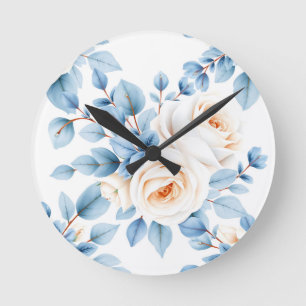 Horloge Ronde Roses Péches Poussiéreux Motif Eucalyptus Bleu