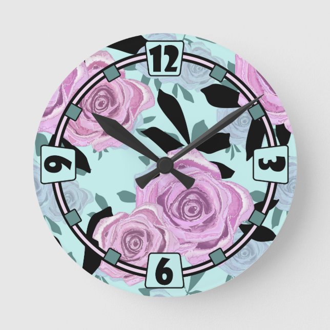 Horloge Ronde roses roses roses, roses, arrière - plan turquoise (Recto)