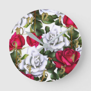 Horloge Ronde Roses rouges et blanches, shabby chic, rustique, m