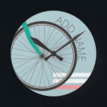 Horloge Ronde Roue de vélo Hipster avec nom personnalisé<br><div class="desc">A retro cycle with a blue and teal background. If you are a cyclist or love to ride bikes,  this is for you!</div>