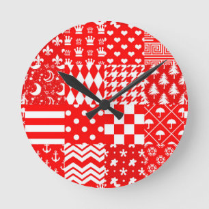 Horloge Ronde Rouge blanc Mixte Motif Patchwork Design