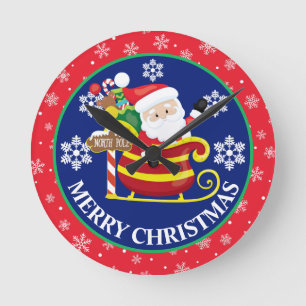 Horloge Ronde Rouge bleu Noël Père Noël Sleigh Winter
