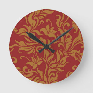 Horloge Ronde Rouge et motif floral d'or