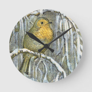 Horloge Ronde Rouge-gorge vintage sur une branche enneigée