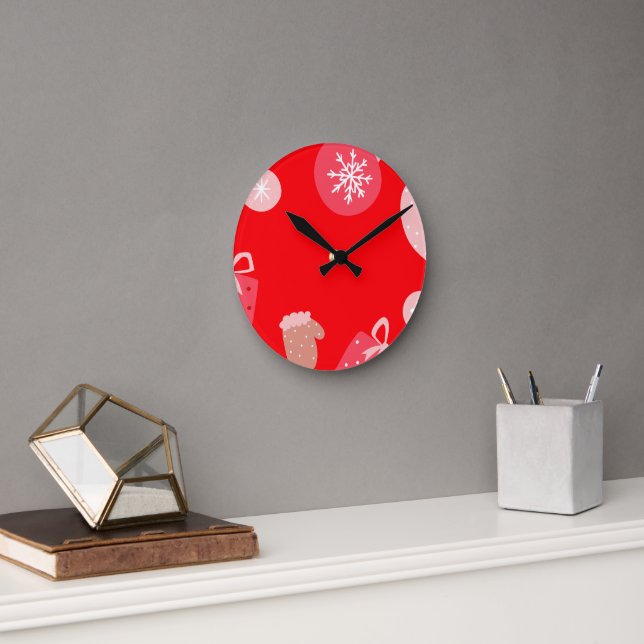 Horloge Ronde Rouge Joyeux Noël Ornements Snowflakes Gants (Bureau)