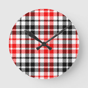 Horloge Ronde Rouge Noir Twill Carreaux Tartan Sur Blanc