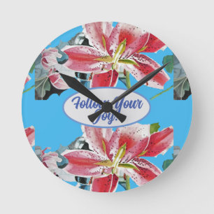 Horloge Ronde Rouge rose Lys floral Bleu Votre joie