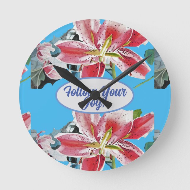 Horloge Ronde Rouge rose Lys floral Bleu Votre joie (Recto)