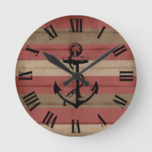 Horloge Ronde Rouge rustique et bois Brown Grandes et Ancres mar