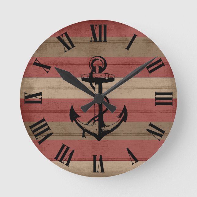 Horloge Ronde Rouge rustique et bois Brown Grandes et Ancres nau (Recto)