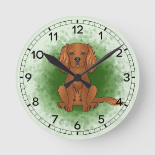 Horloge Ronde Ruby Cavalier King Charles Spaniel Chien Sur Vert