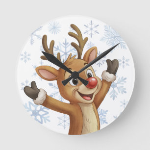 Horloge Ronde Rudolph aux flocons de neige bleus 