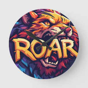 Horloge Ronde Rugissement de Lion Féroce Ar Coloré et Motivant
