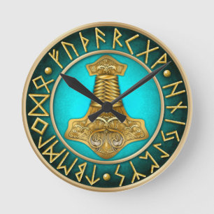 Horloge Ronde Runes - marteau de Thors - Teal
