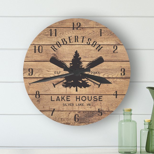 Horloge Ronde Russe Bois Famille Lac Maison Pine Tree (Créateur téléchargé)