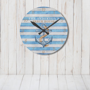Horloge Ronde Rustic Beach House Bandes Nautiques Personnalisées