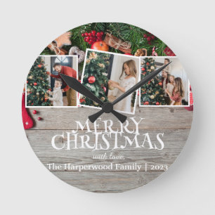 Horloge Ronde Rustic Elegant Joy Christmas Family Photo Collage